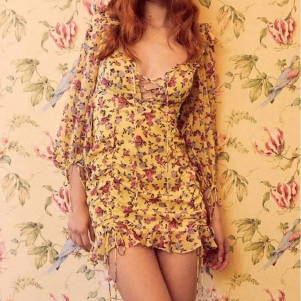 For Love & Lemons Beaumont Yellow Floral Silk Mini Dress